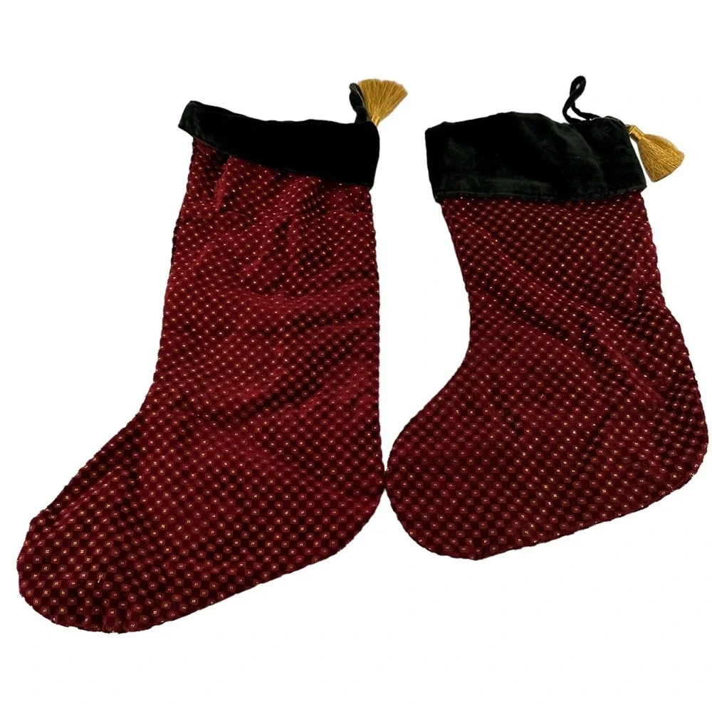 2 Red‎ & Green Velvety Christmas Stocking Gold Tassel Holiday Decor Country a